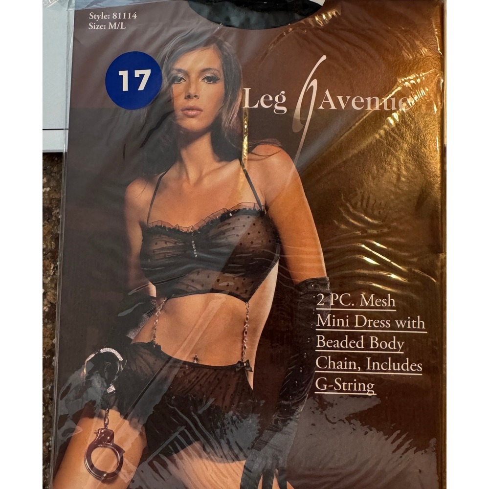 Leg Avenue Womens Lingerie Set M/L Black Mesh Mini Dress Beaded Body Chain Sexy